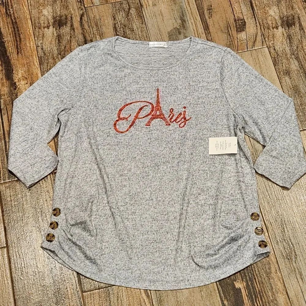 🔸️NWT Retrology Gray & Red "Paris" Eiffel Tower Lightweight Sweater Large